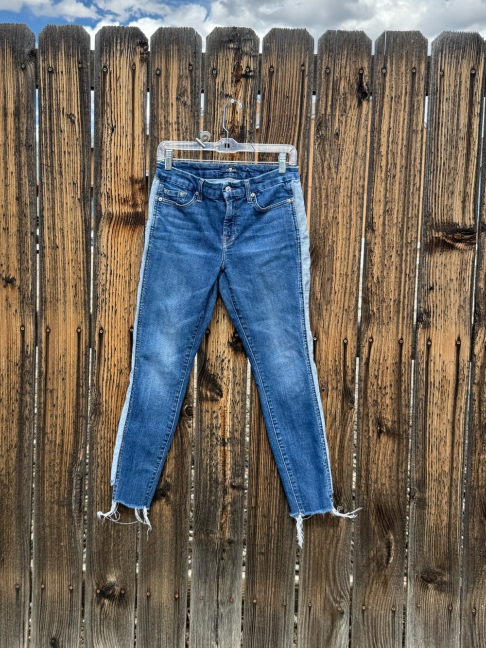 7 For All Mankind Two-Tone Blue Washed Ankle Skinny Jeans